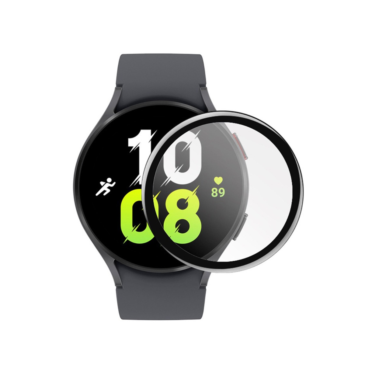 Eine Schutzfolie liegt auf einem dunklen Smartwatch-Display mit Ziffern.