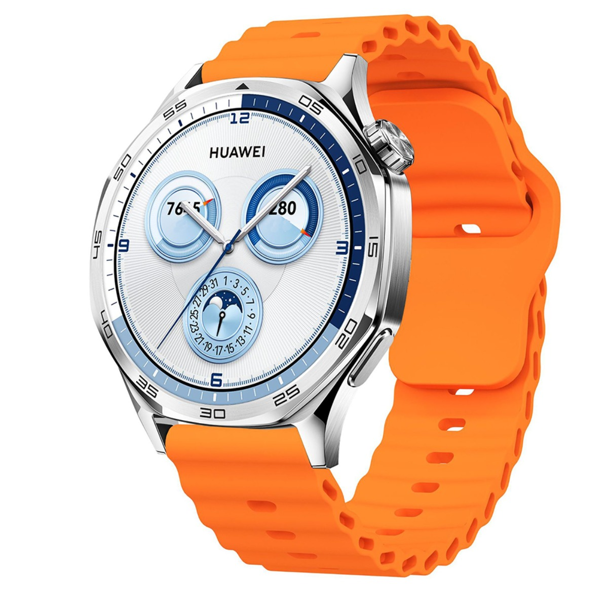 Eine nahaufnahme einer orangefarbenen smartwatch mit weißem zifferblatt und silbernem gehäuse.