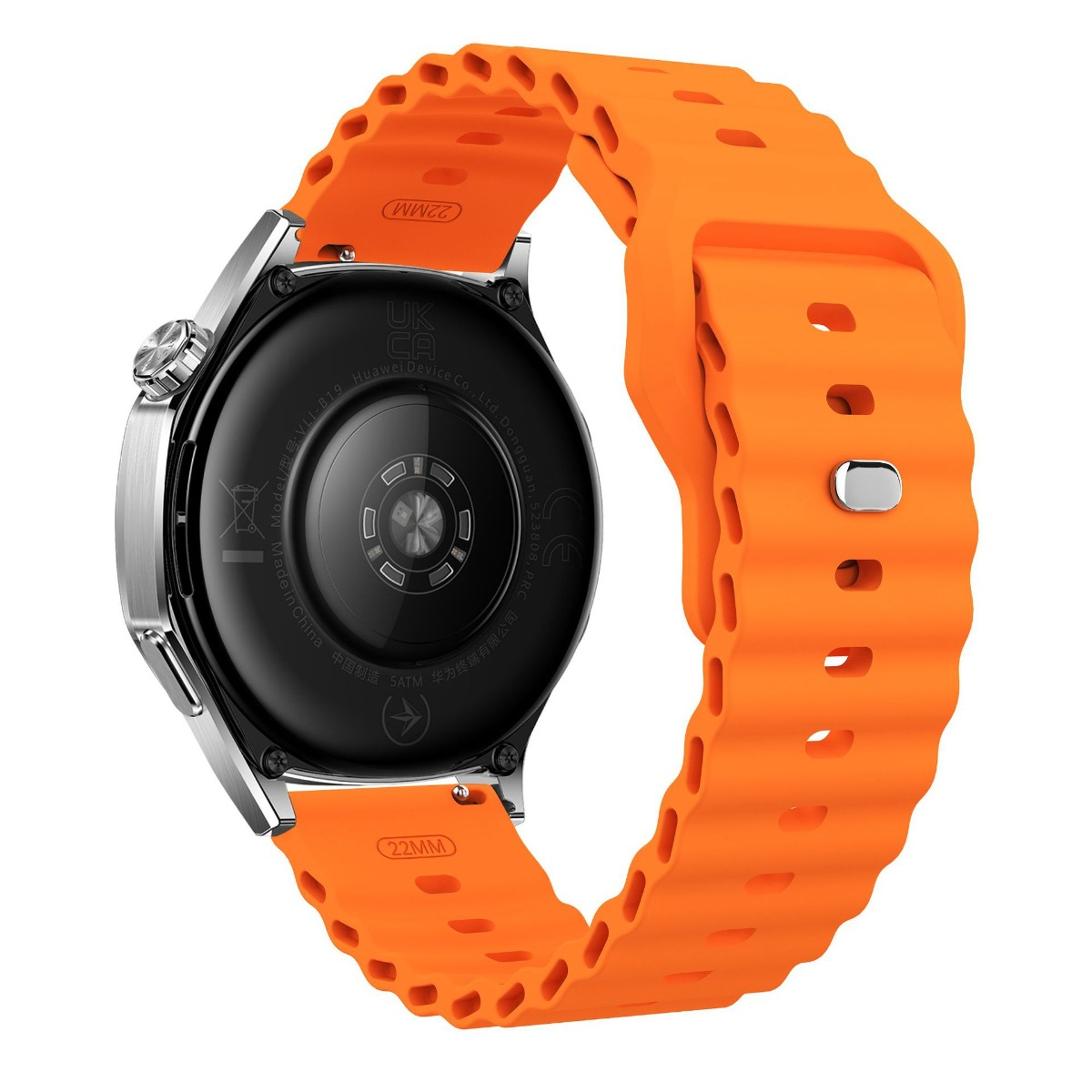 Rückseite einer Smartwatch mit einem leuchtend orangen Armband. Details sichtbar.