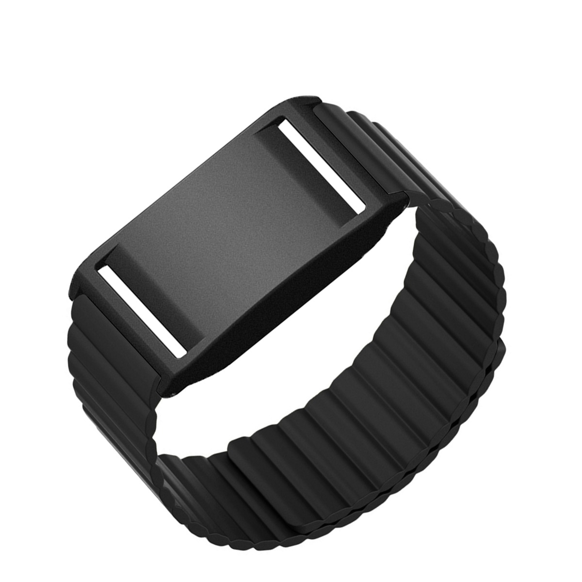 Eine schwarze, flexible Uhrenarmband mit einer rechteckigen Schnalle.