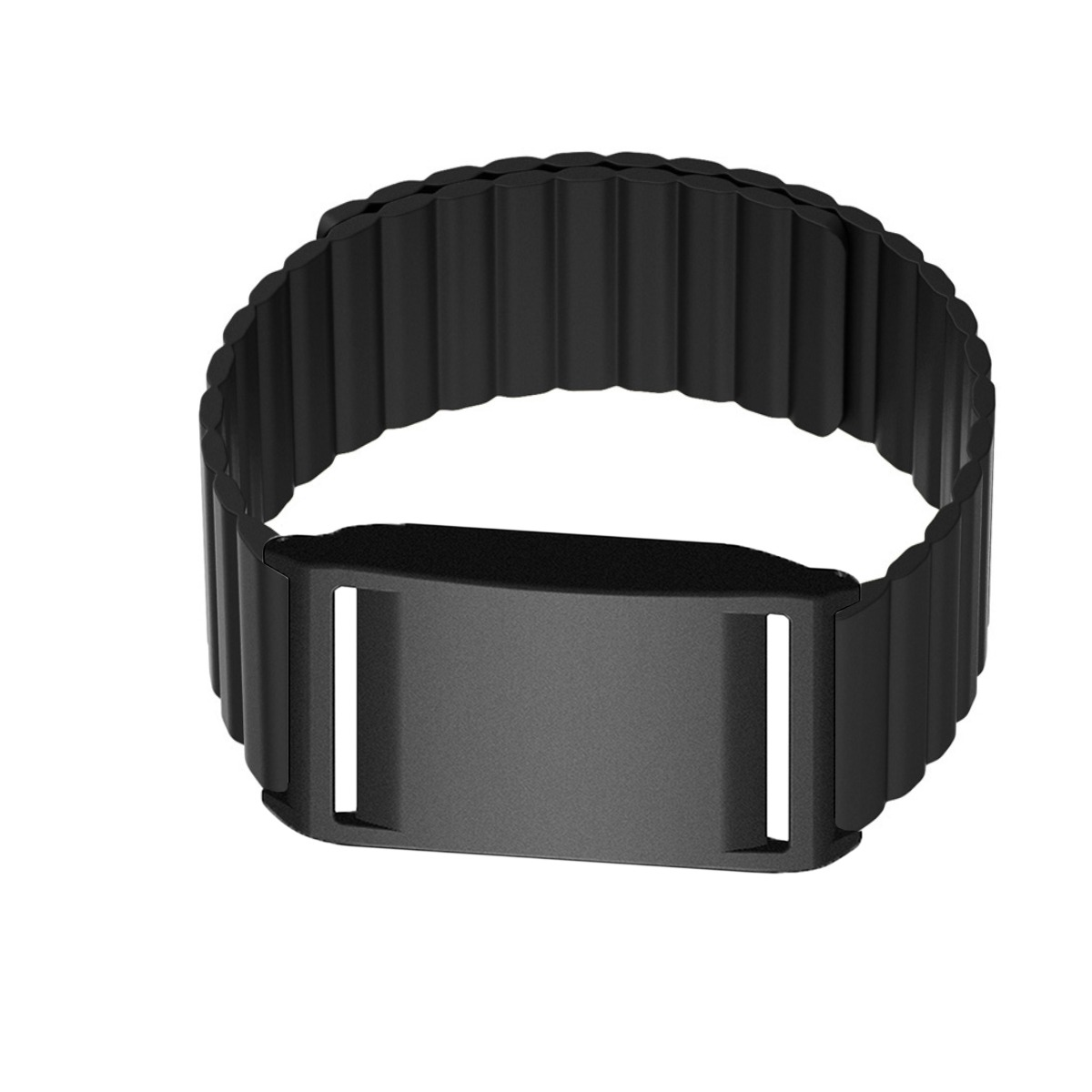 Ein schwarzes, geriffeltes Armband mit einem flachen Verschluss.