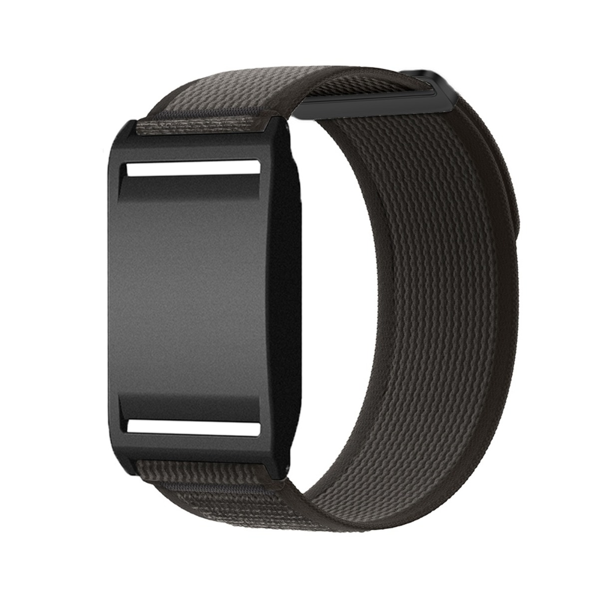 Fitness tracker nero con cinturino in tessuto e cassa nera.