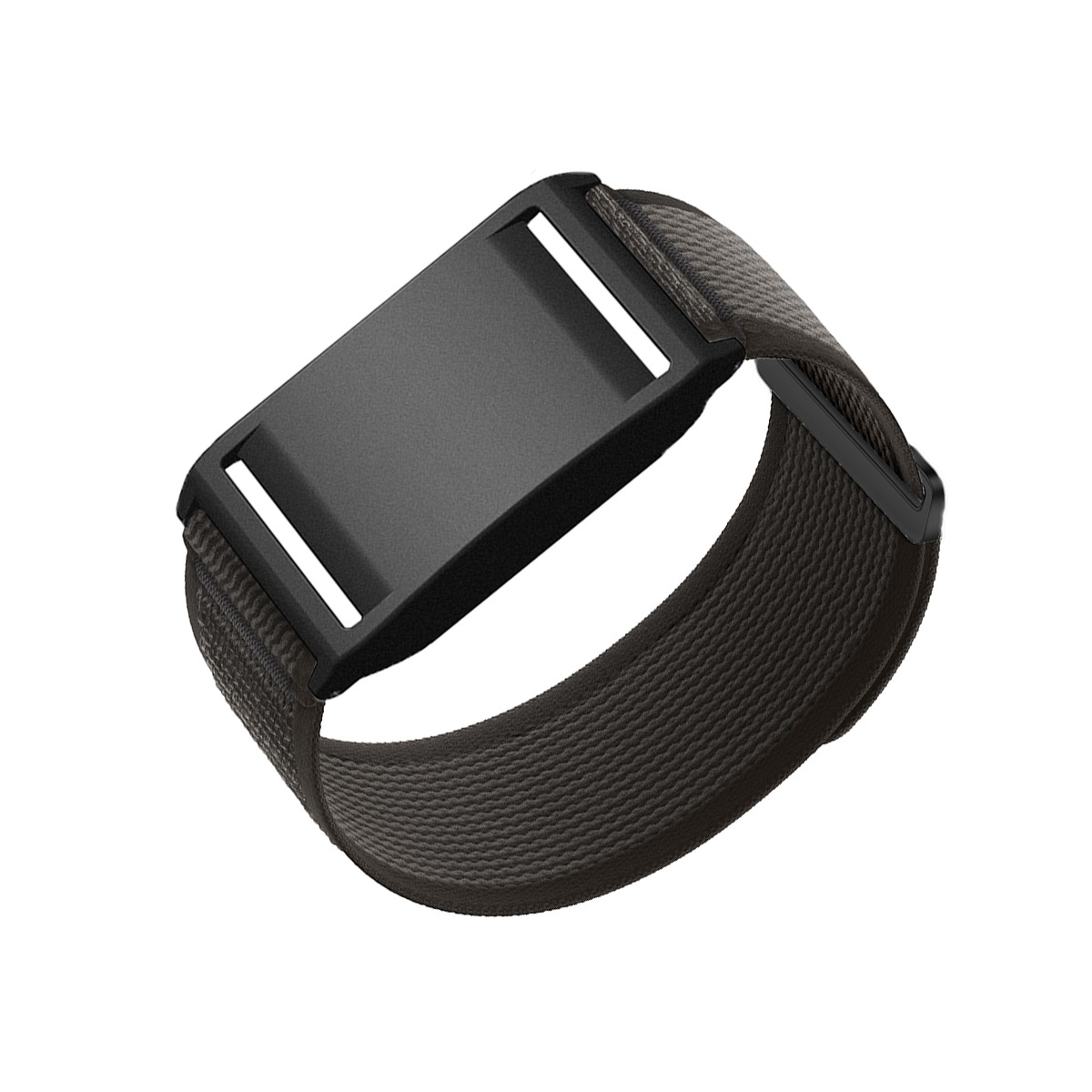 Un dispositivo rettangolare scuro con cinturino in tessuto grigio scuro chiuso ad anello.