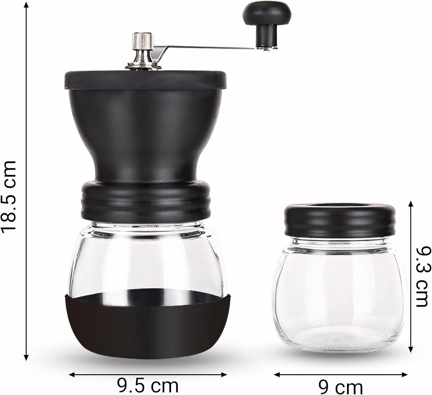 Eine schwarze Kaffeemühle mit Glasbehälter und eine kleine Glasflasche.