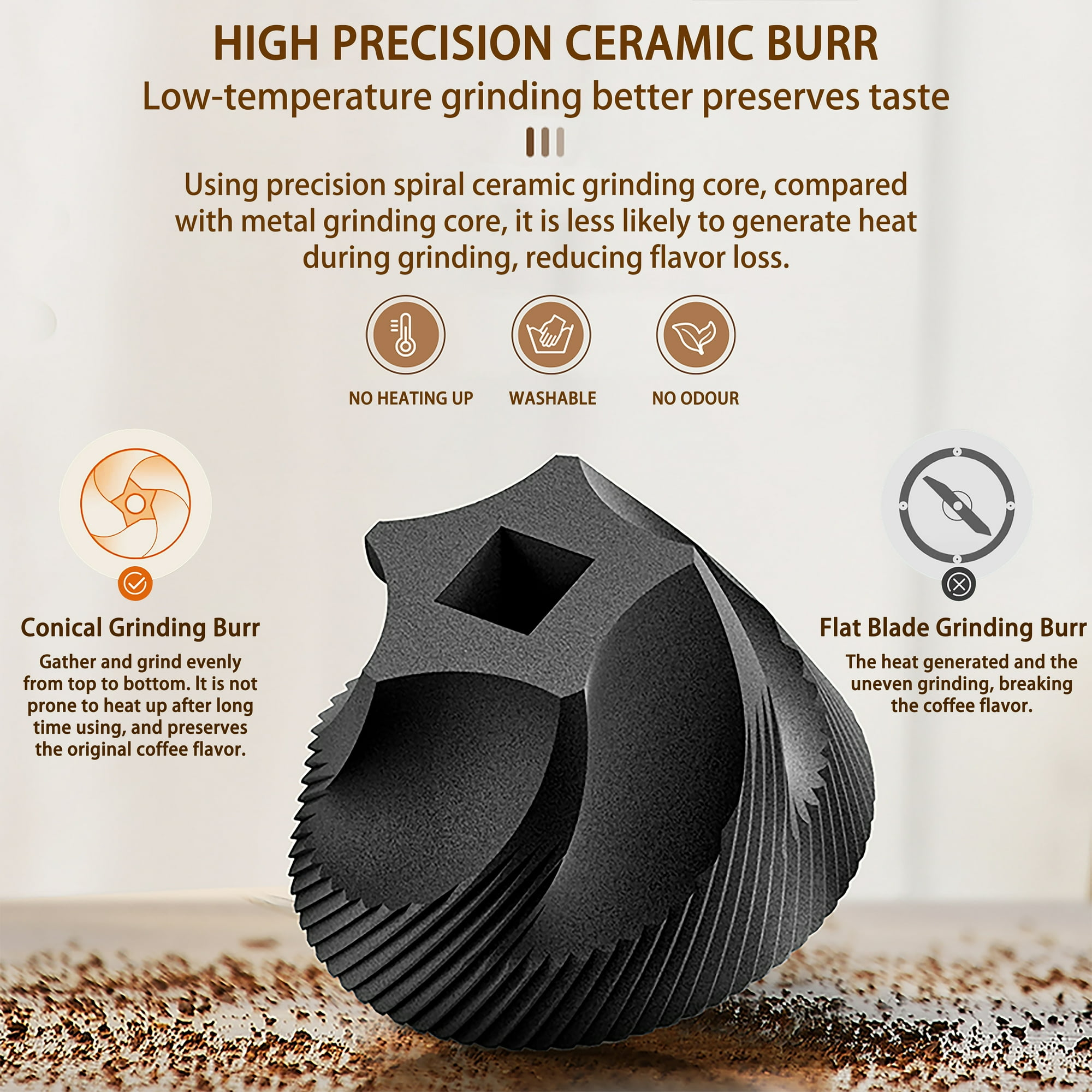 Nahaufnahme einer Keramik-Kaffeemühle mit Kaffeepulver.