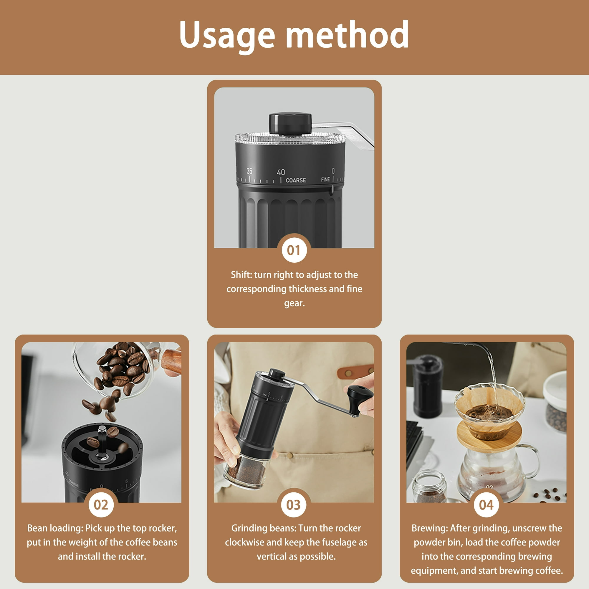 Anleitung: Kaffeemühle einstellen, Bohnen laden, mahlen, Kaffee brühen.