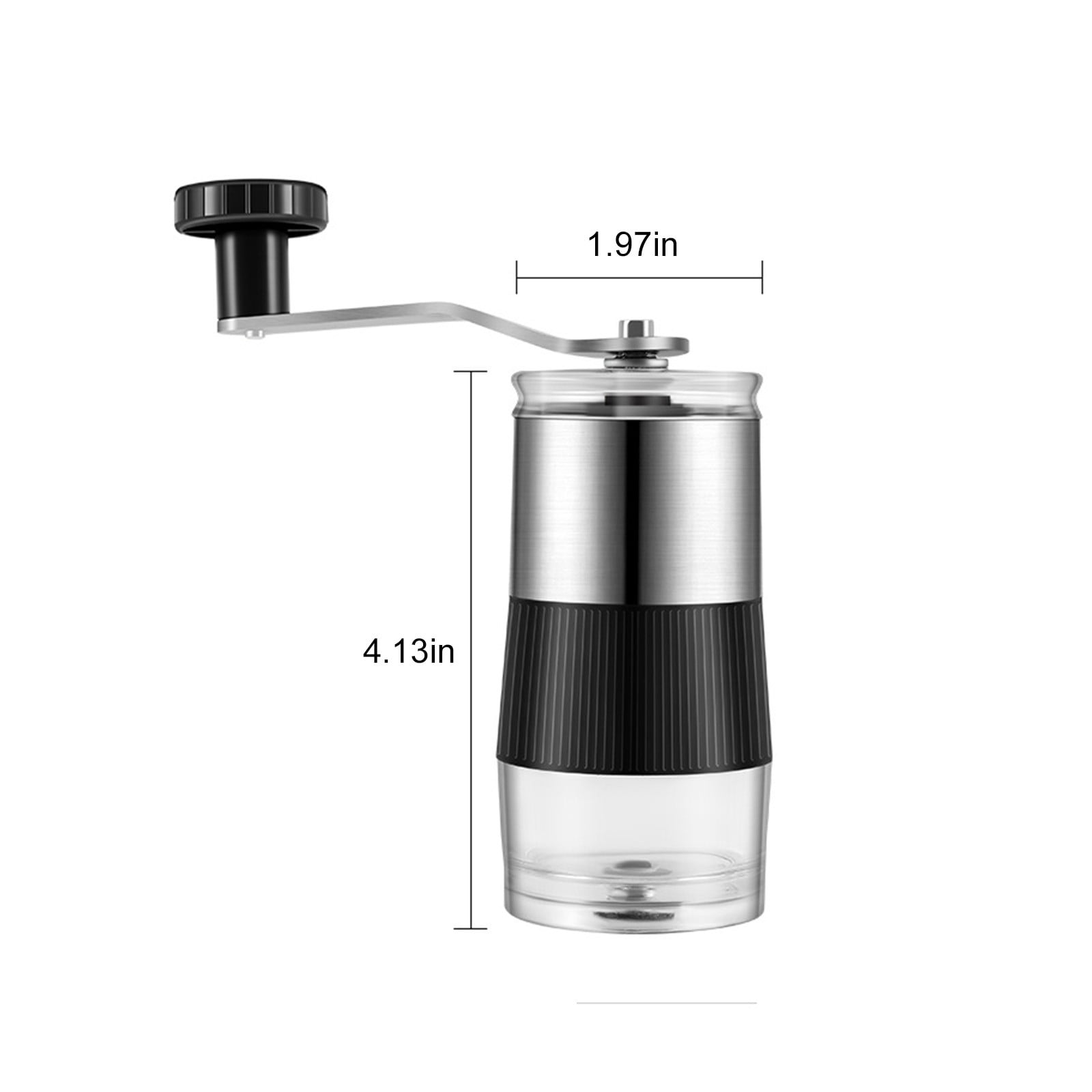 Kaffeemühle aus Metall und Glas mit Kurbel. Maße: 1,97 Zoll breit, 4,13 Zoll hoch.