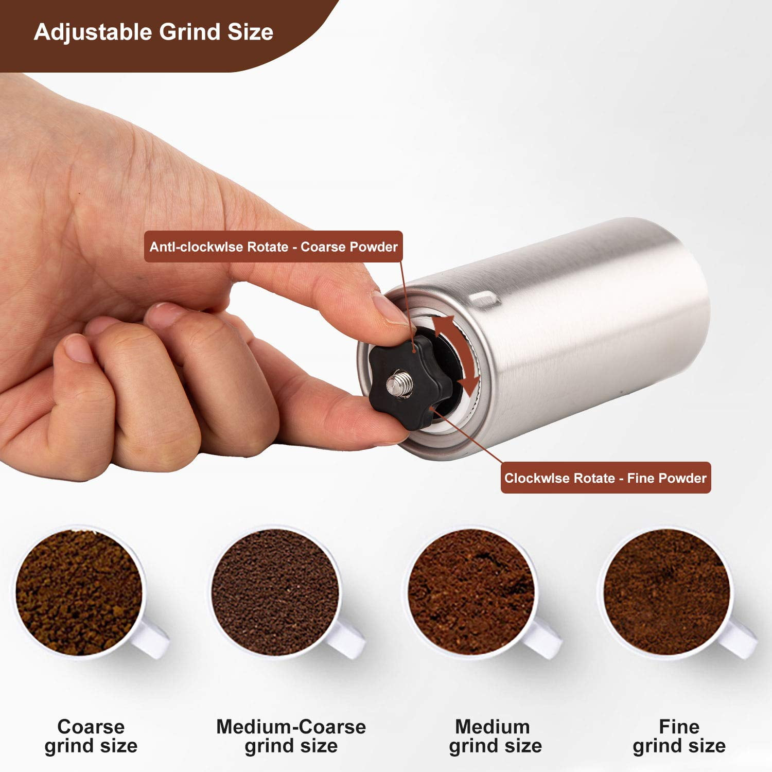 Verstellbare Kaffeemühle mit vier Mahlgraden: grob bis fein.
