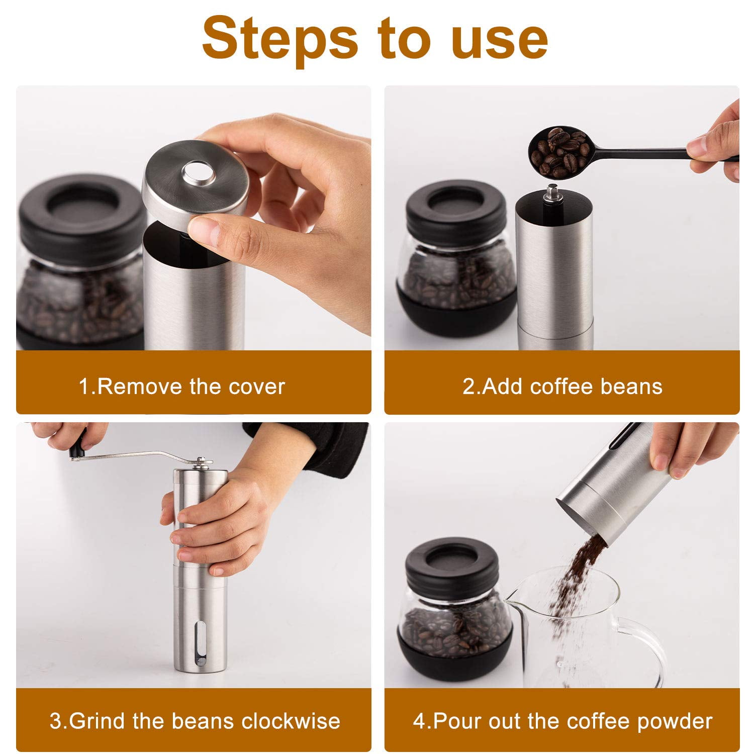 Schritte zur Verwendung einer Kaffeemühle: Deckel abnehmen, Bohnen einfüllen, mahlen, Pulver ausgießen.