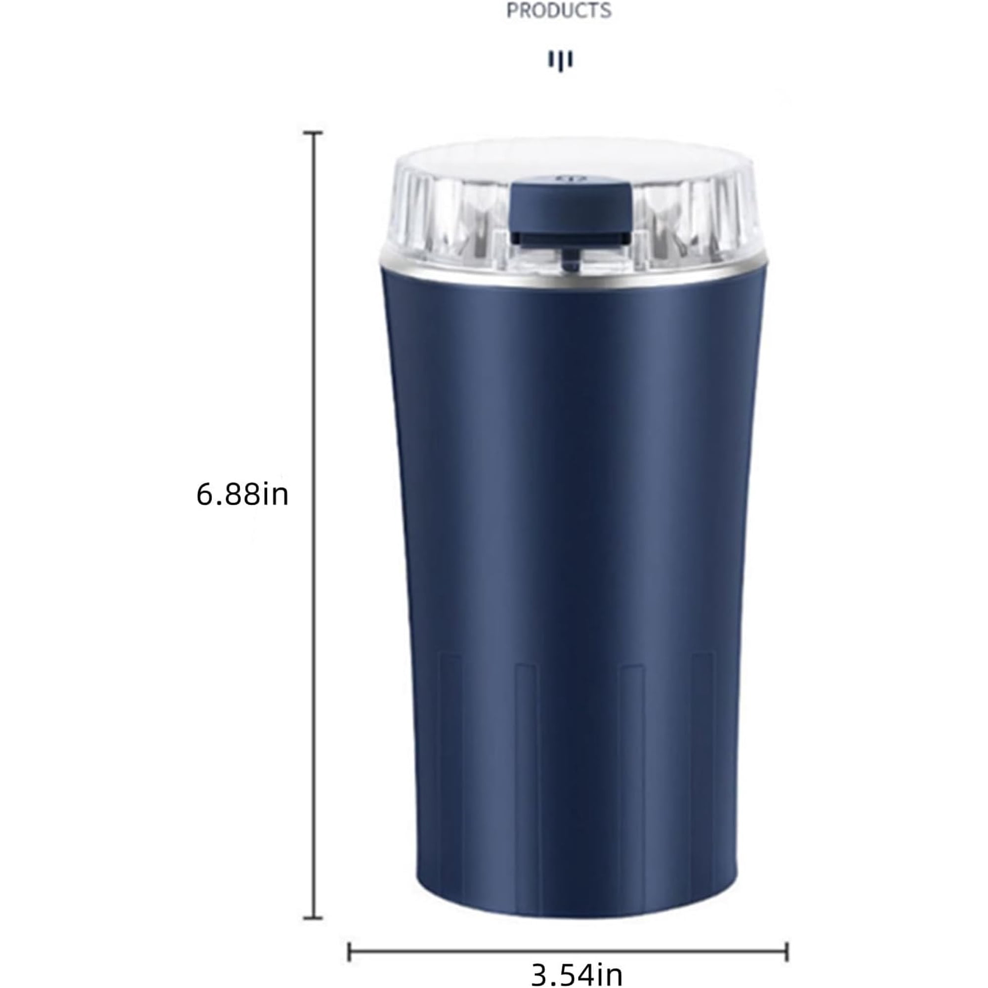 Dunkelblauer elektrischer Kaffeemühlen-Prototyp mit transparentem Deckel.