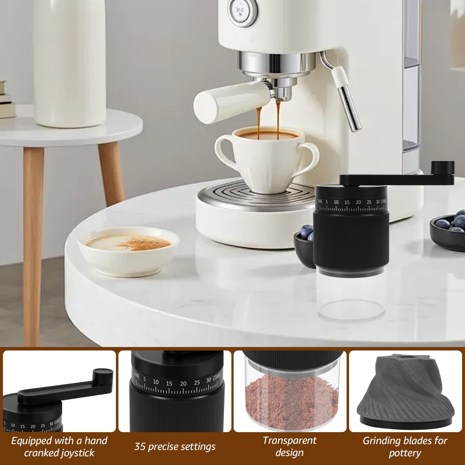 Espressomaschine brüht Kaffee in eine Tasse, daneben eine Kaffeemühle mit Kurbel.