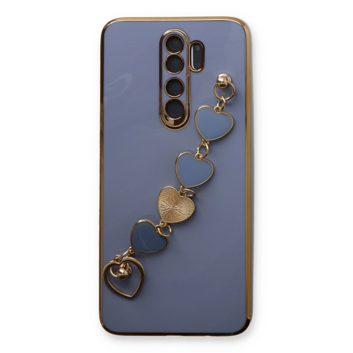 Altın kenarlı mor telefon kılıfı ve kalp şeklinde takı zinciri.