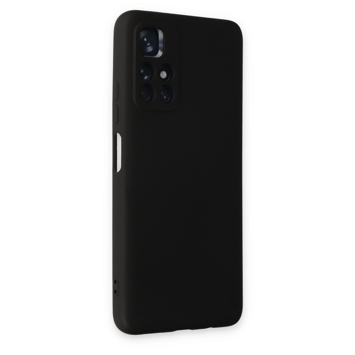 Dört lensli kamera modülüne sahip siyah telefon kılıfı.