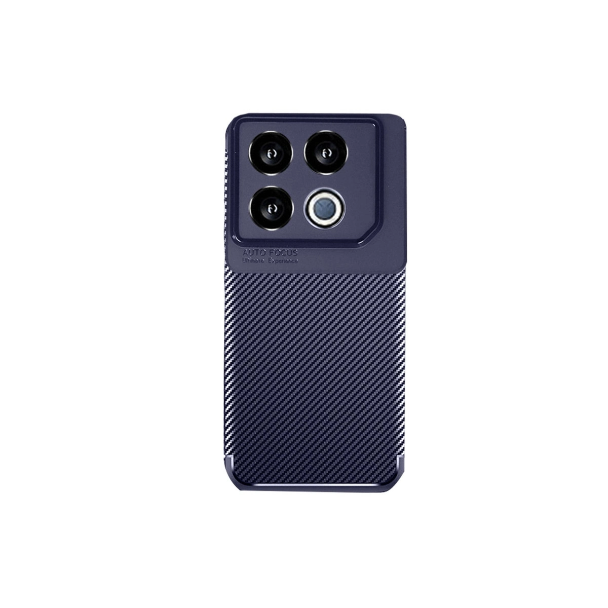 Üç kameralı, karbon fiber desenli koyu renkli akıllı telefonun arkası.