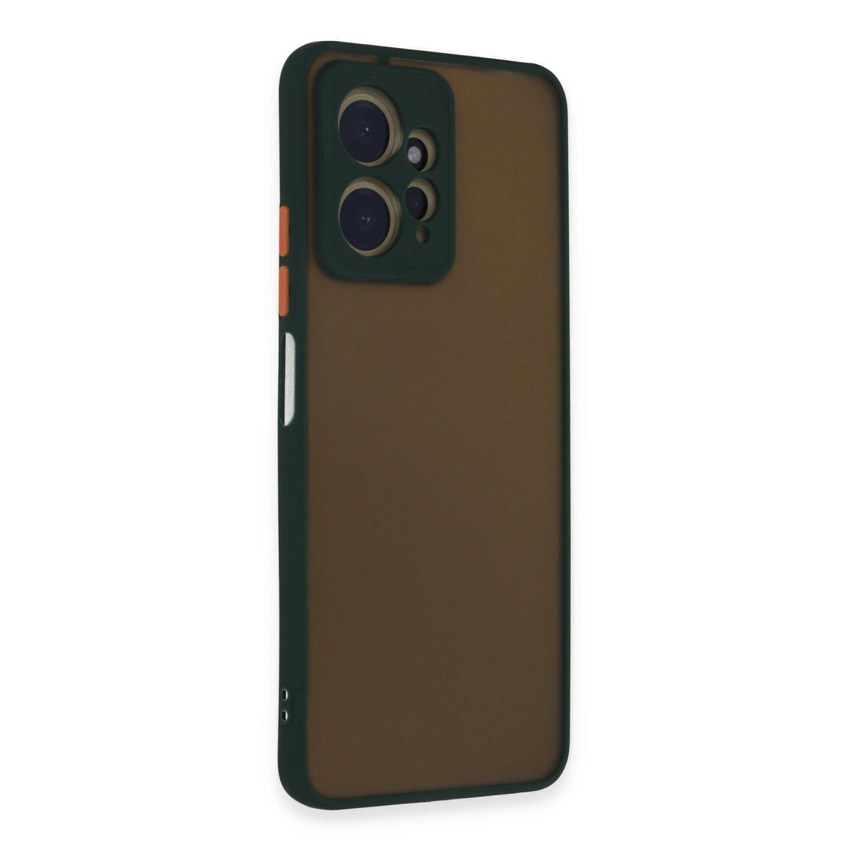 Koyu yeşil kenarlı, kamera oyuntulu, koyu kahverengi telefon kılıfı.