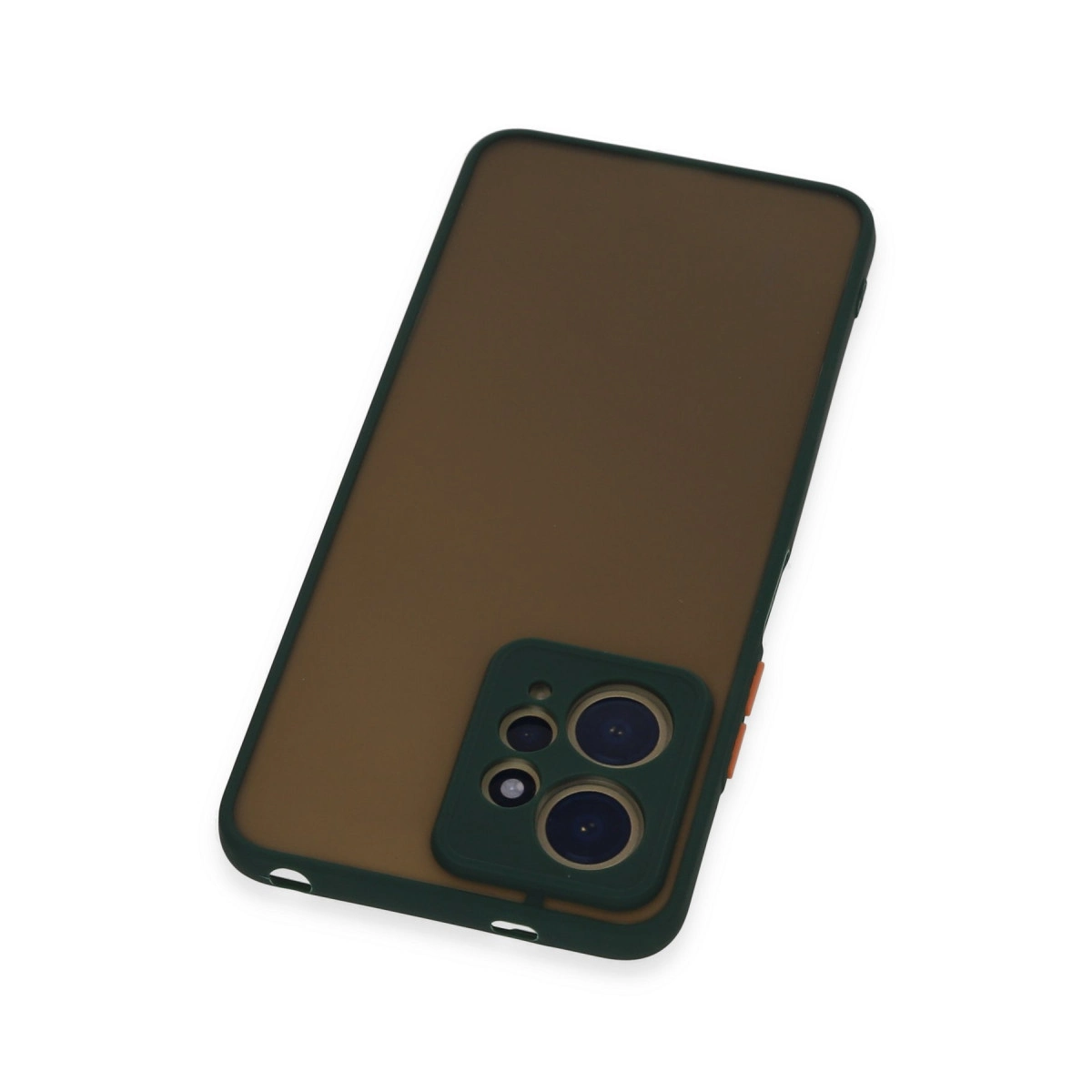 Koyu yeşil kamera çerçeveli kahverengi telefon kılıfı, beyaz arka plan üzerinde.