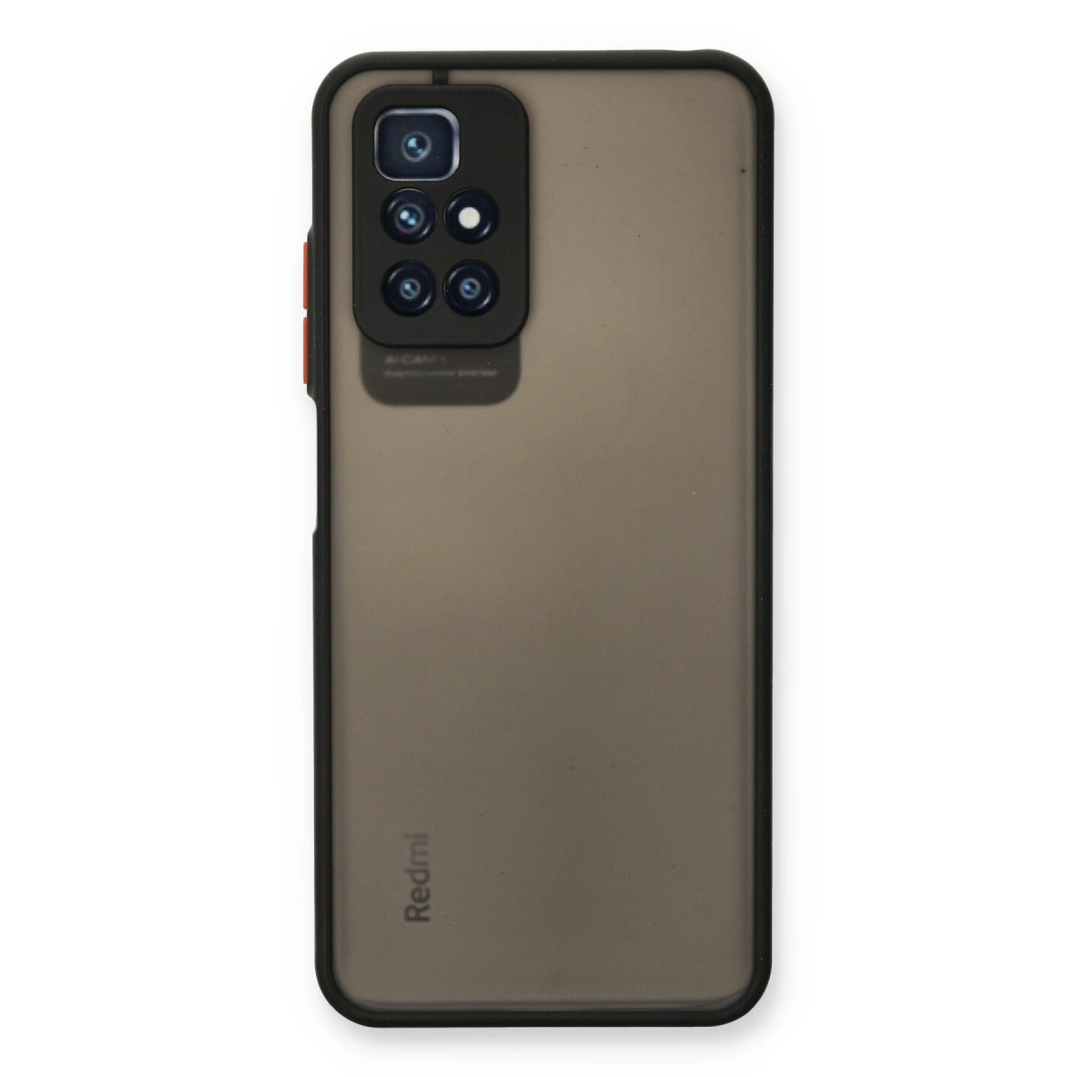 Dört kameralı, "Redmi" yazılı koyu renkli bir akıllı telefonun arkası.