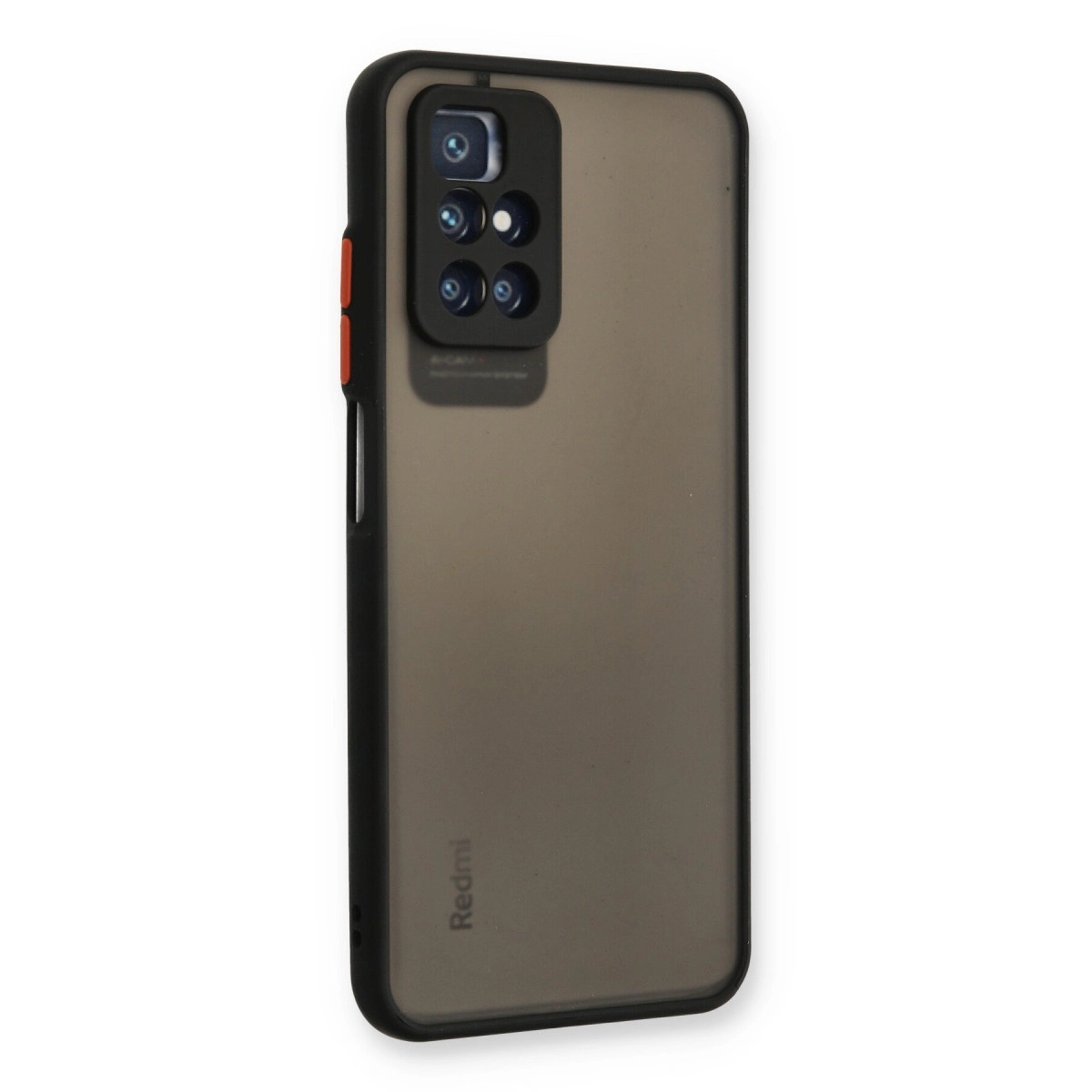 Dumanlı şeffaf telefon kılıfı, siyah çerçeveli ve dört kamera lensli.