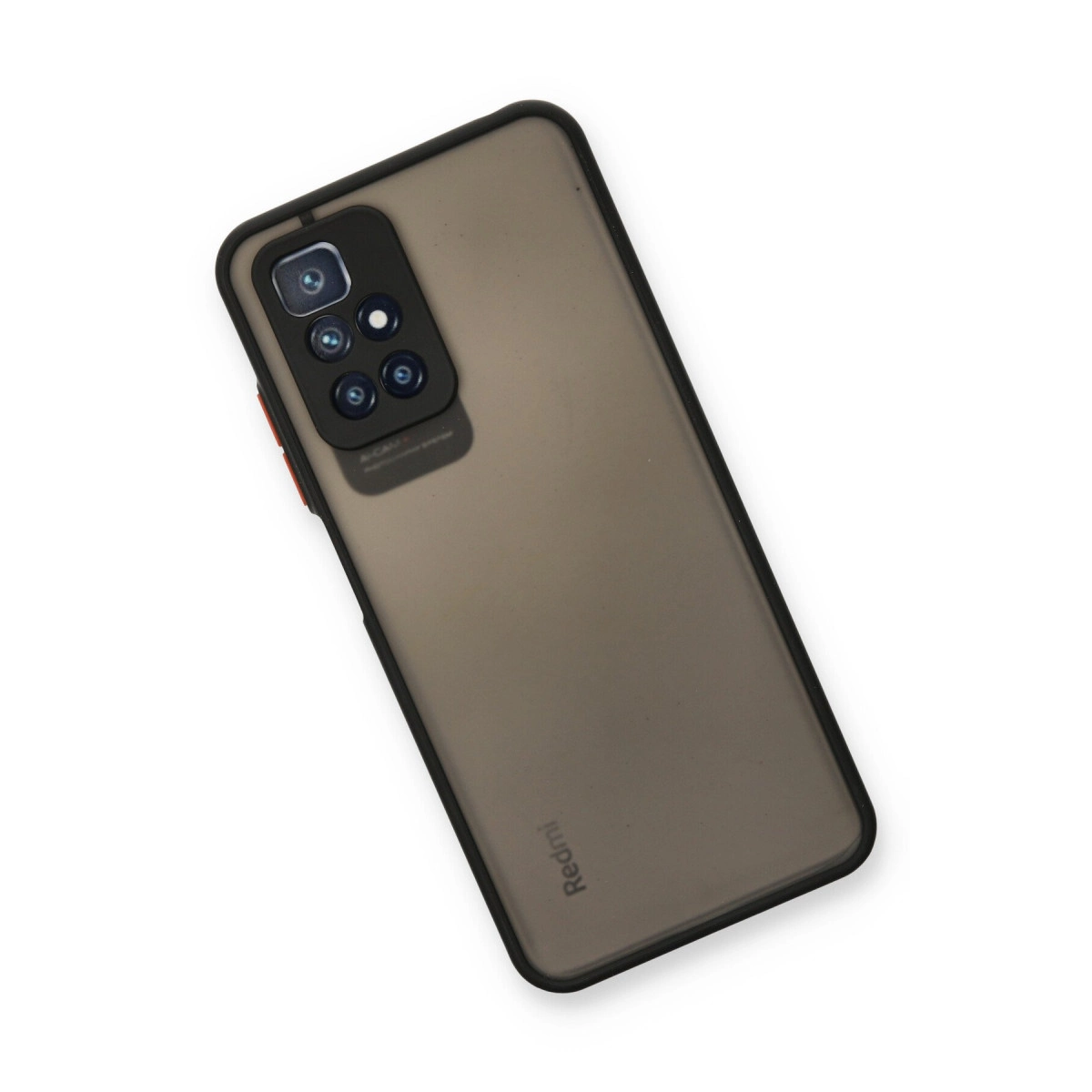 Dört kameralı koyu renkli akıllı telefon kılıfının arkası ve Redmi logosu.