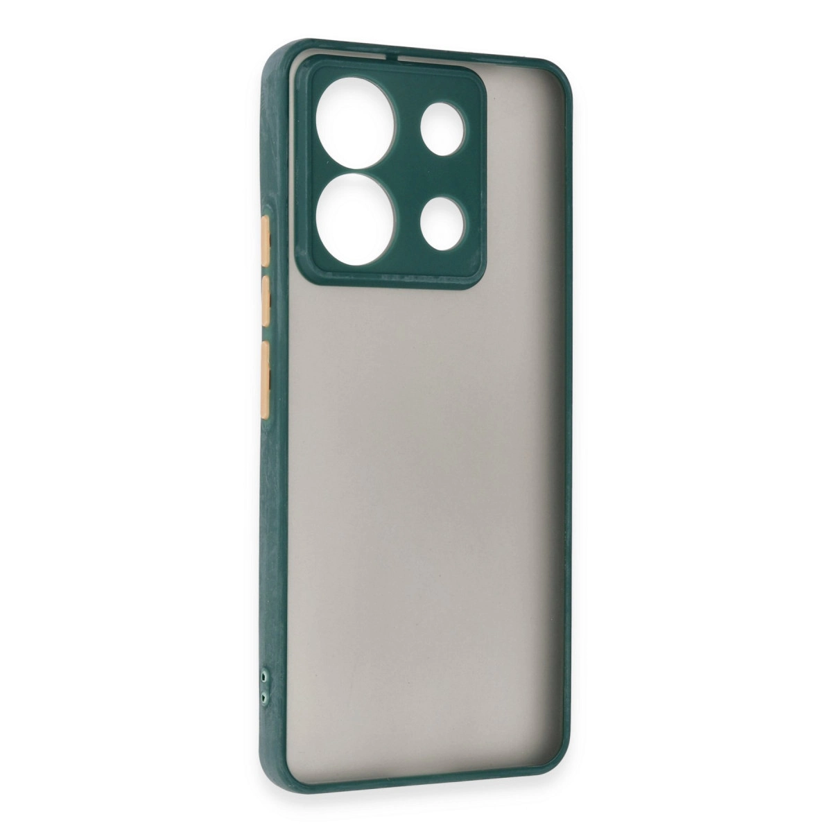 Dört kamera kesikli, mat arkalı koyu yeşil telefon kılıfı.