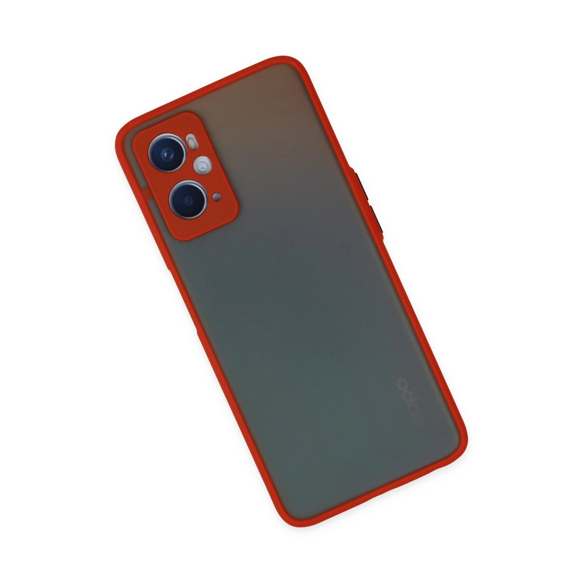 Kırmızı çerçeveli ve iki kameralı gri telefon.