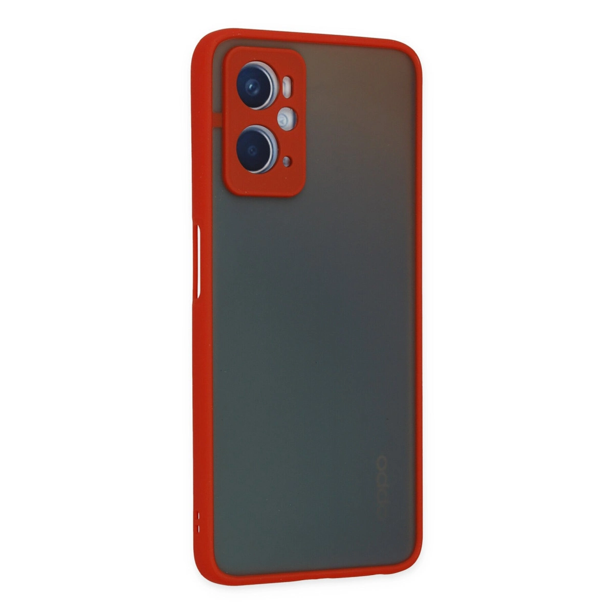 Kırmızı çerçeveli ve kamera modüllü gri telefon kılıfı beyaz zeminde.
