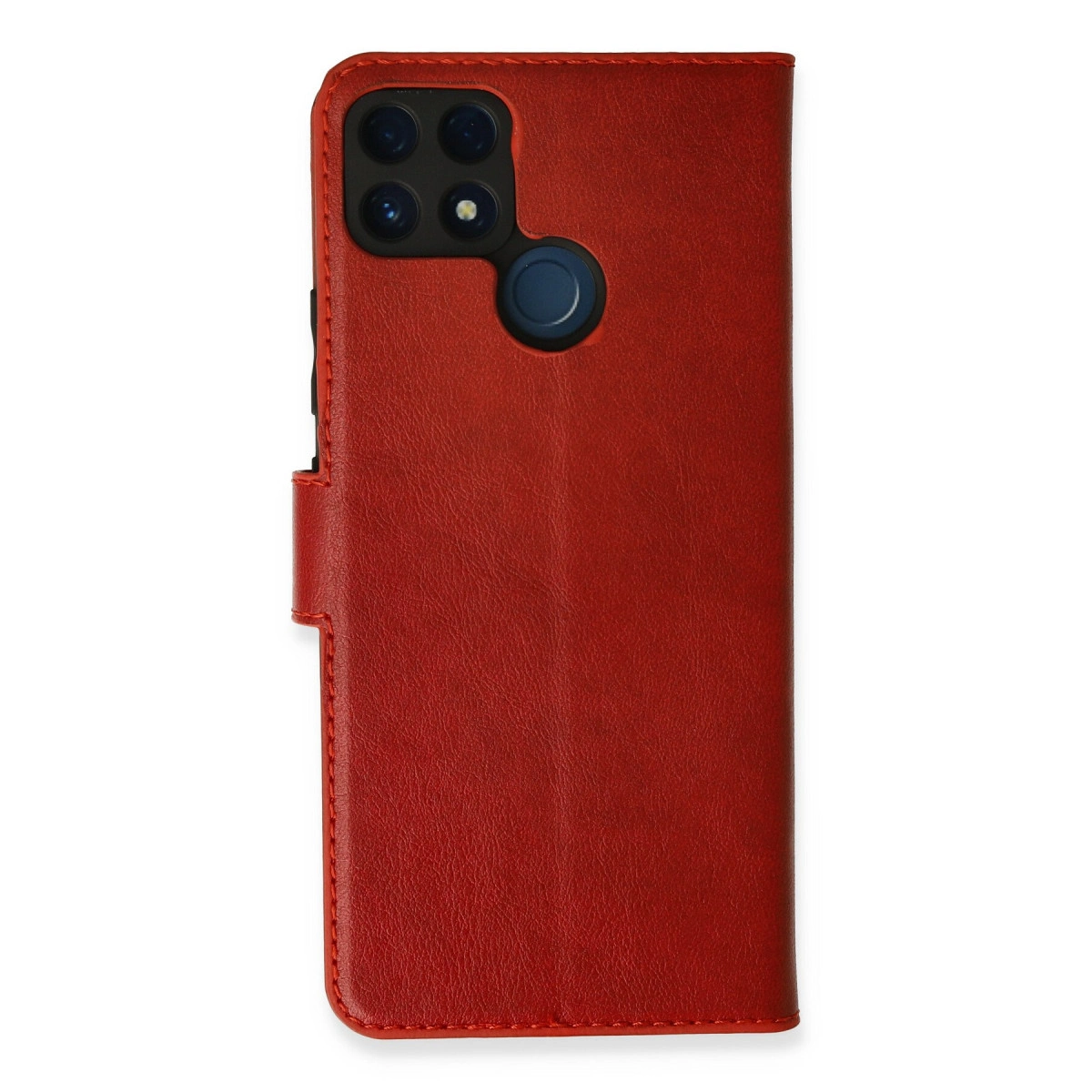 Kamera kesimli ve parmak izi sensörlü kırmızı deri telefon kılıfı.