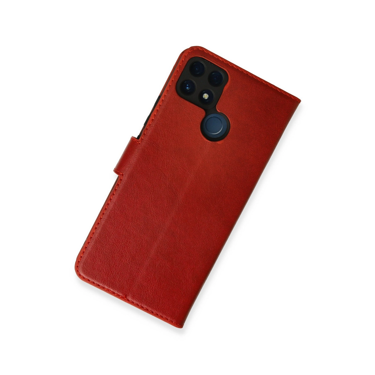 Kamera kesimli ve parmak izi sensörlü kırmızı deri kapaklı telefon kılıfı.