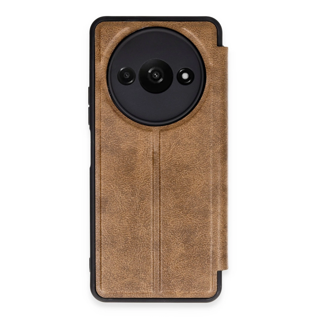 Üç lensli siyah kamera lensli kahverengi telefon kılıfı.