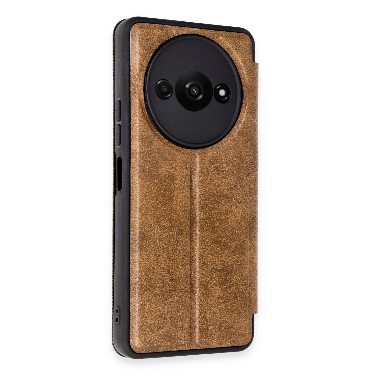 Yuvarlak kamera modüllü ve dokulu kahverengi telefon kılıfı.
