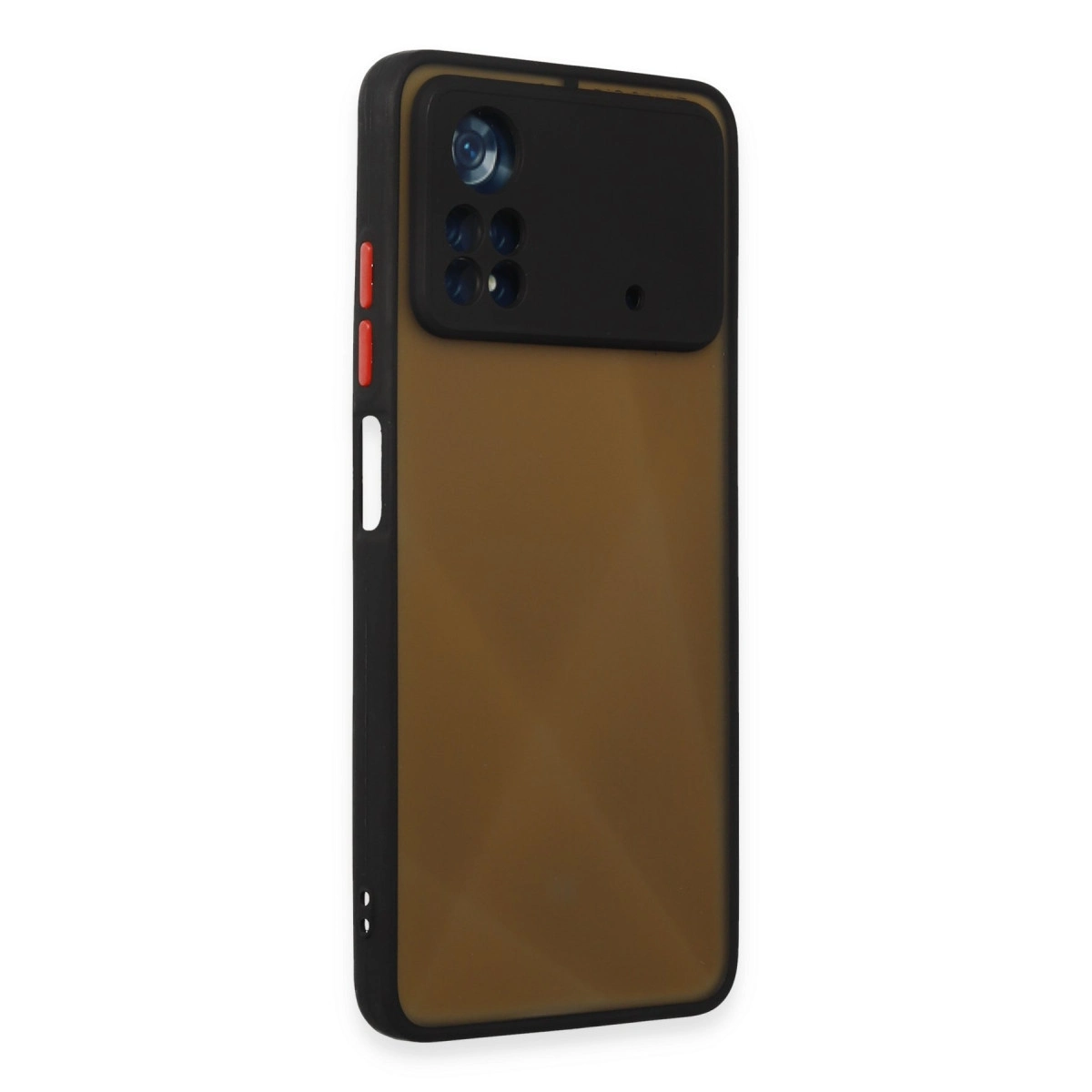 Kahverengi arka ve kamera modülüne sahip siyah telefon kılıfı.