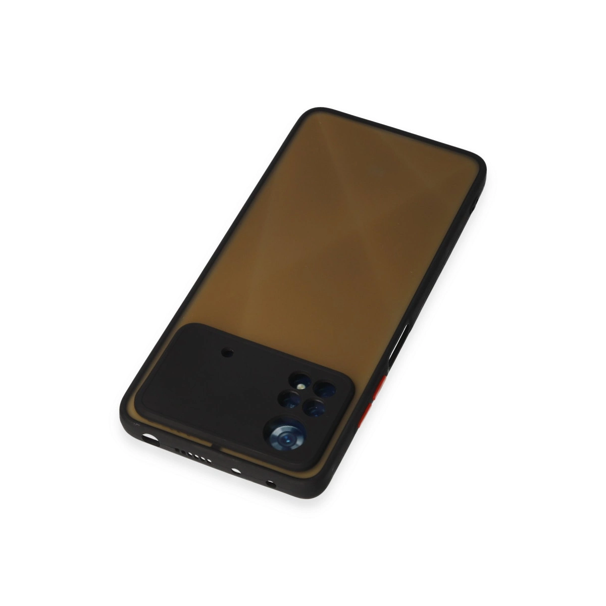 Kahverengi şeffaf arka ve kamera yuvasına sahip siyah telefon kılıfı.