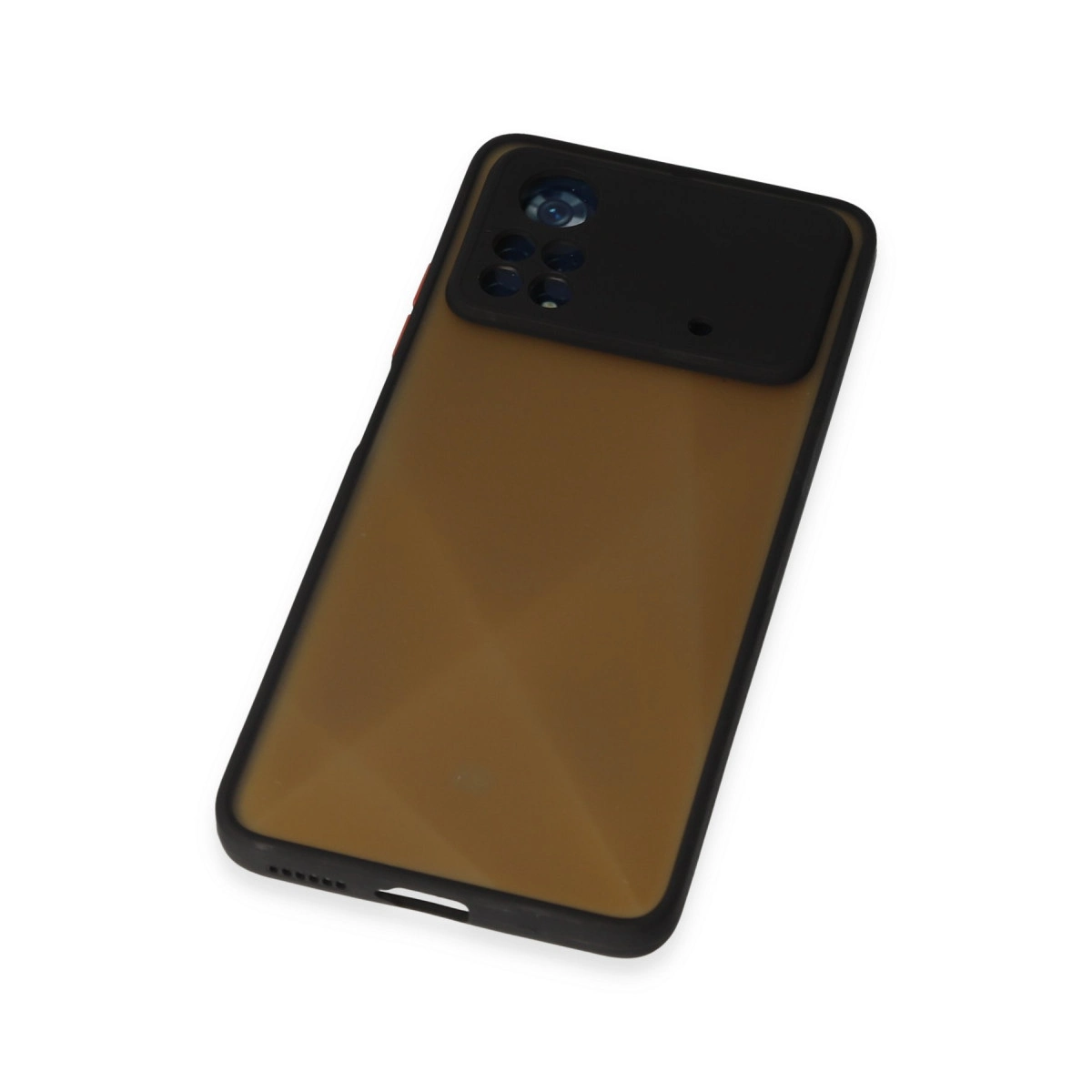 Siyah kamera çerçeveli kahverengi telefon kılıfı, beyaz üzerinde izole edilmiş.