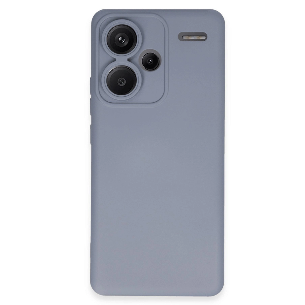 Üç kamera lensli ve üstte dar yuvalı gri telefon kılıfı.