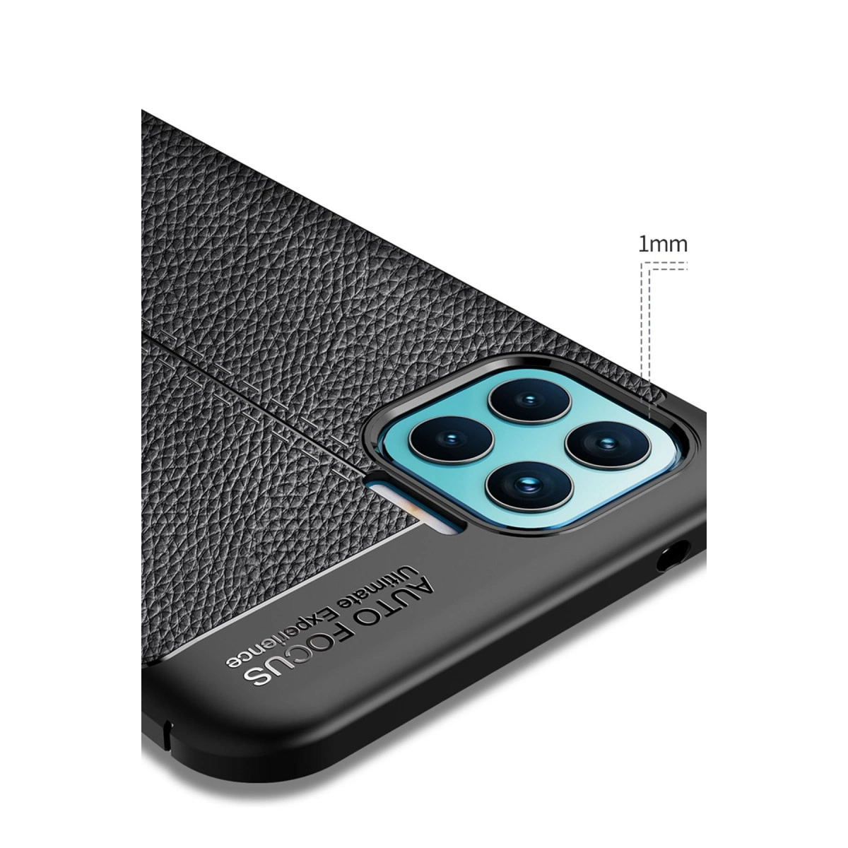 Dört kameralı, deri dokulu siyah telefon kılıfı.