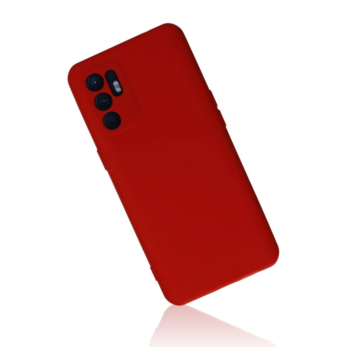 Kamera lensleri ve yan düğmeleri olan kırmızı telefon kılıfı.