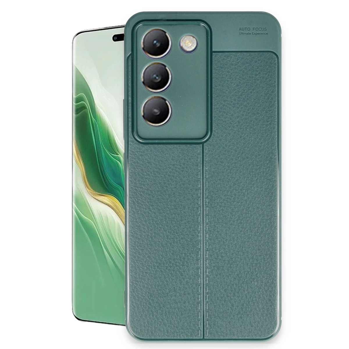Üç kameralı ve flaşlı yeşil telefon kılıfı, yanında bir telefon.