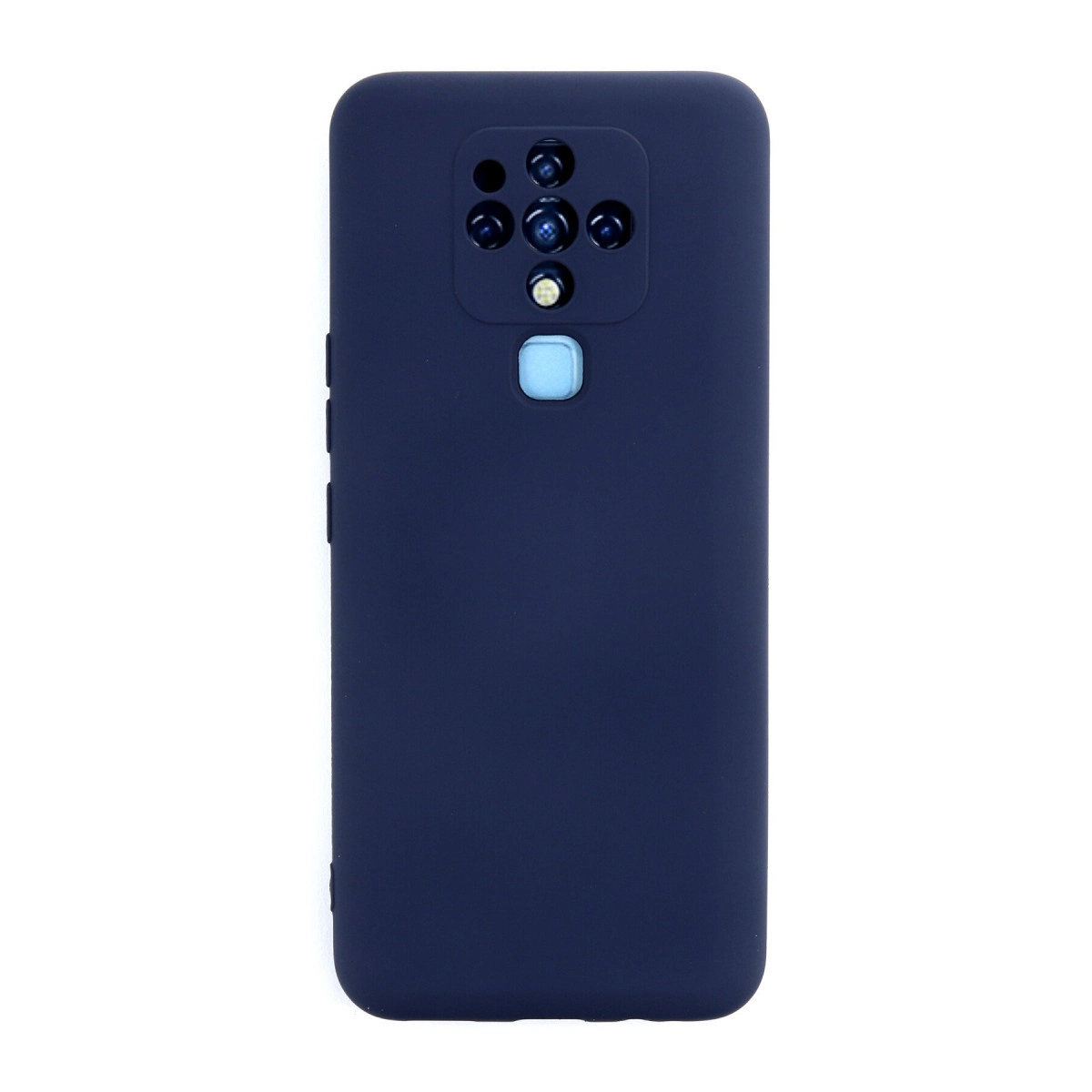 Koyu mavi telefon kılıfı, dikdörtgen kamera modülü ve mavi parmak izi sensörü.