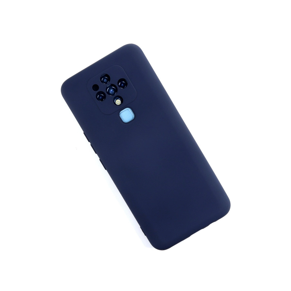 Arkada dört kamera ve flaşlı lacivert telefon.