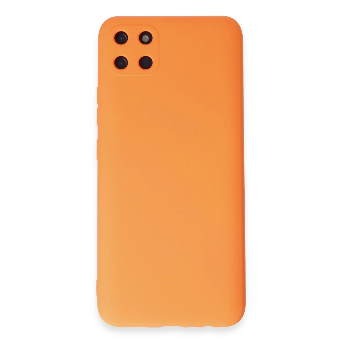 Sol üstte dörtlü kamera kesimli turuncu telefon kılıfı.
