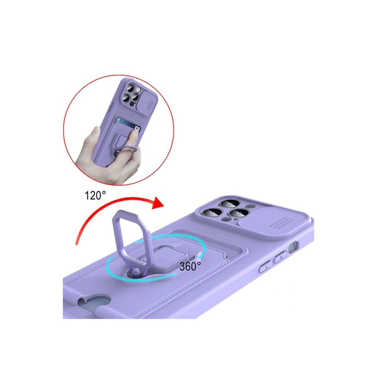 Entegre halkalı stantlı ve kamera kapaklı mor telefon kılıfı.