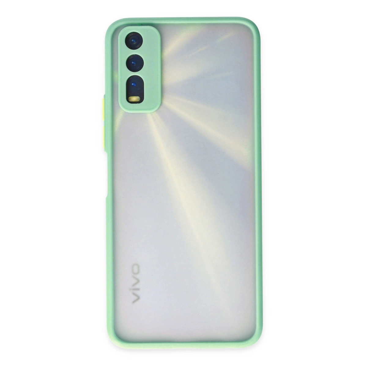 Beyaz arka plan üzerinde üç kamera ve Vivo logosuna sahip açık yeşil telefon kılıfı.