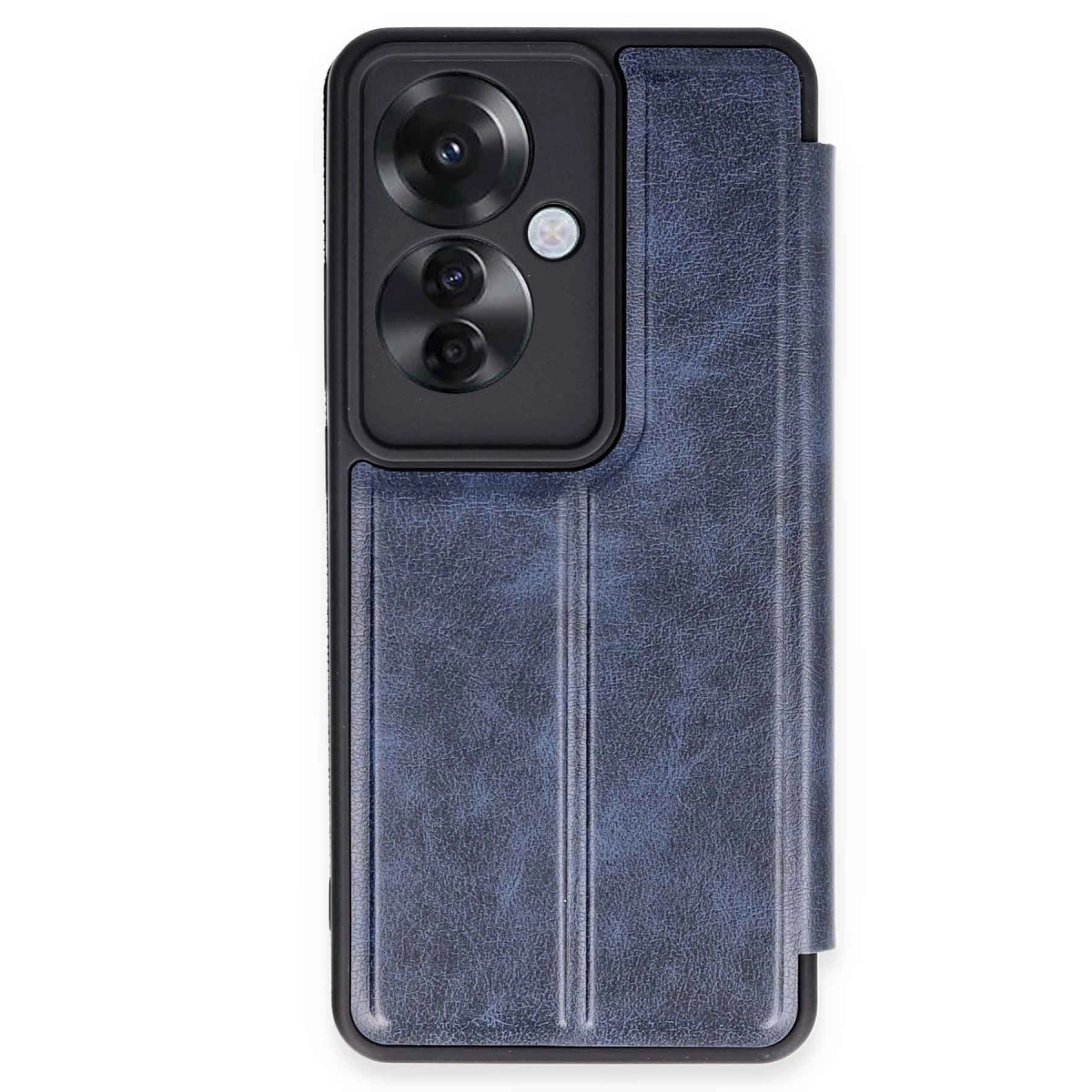 Kamera modüllü lacivert suni deri telefon kılıfı.