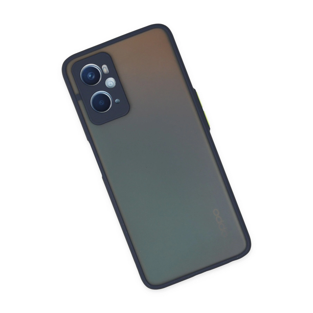 Siyah çerçeveli koyu gri telefon, arkada kahverengi-yeşil geçişli.