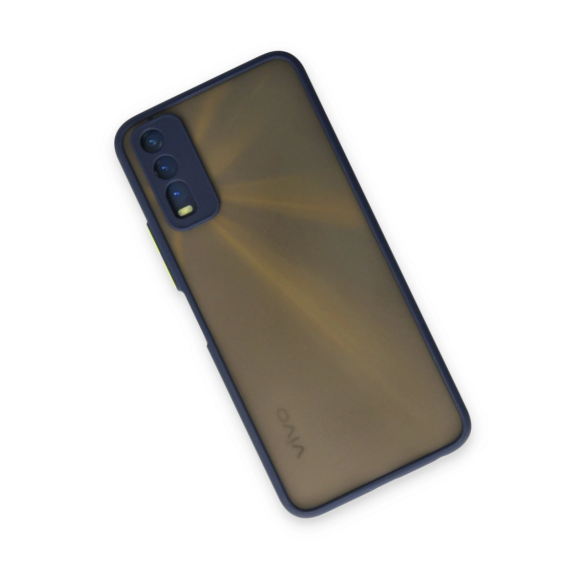 Üç kameralı, mavi kenarlı koyu renkli bir telefon.