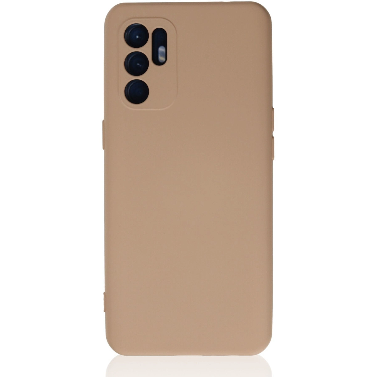 Dört lensli kamera modülüne sahip bej telefon kılıfı.