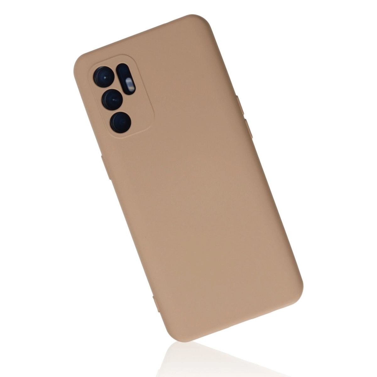 Arkada kamera kesiği olan bej telefon kılıfı.