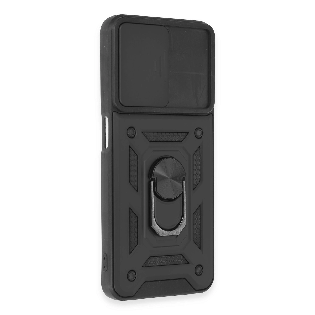 Kamera kapaklı ve halka tutuculu siyah telefon kılıfı.