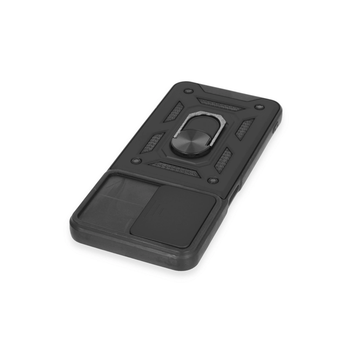 Halka tutuculu ve kaydırılabilir bölmeli siyah telefon kılıfı.