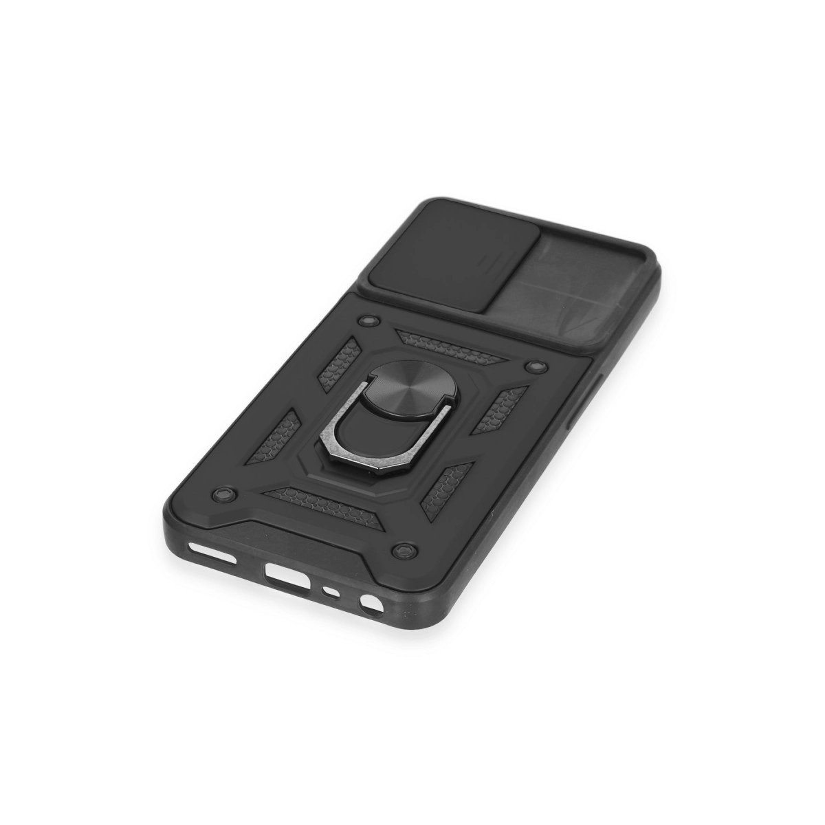 Halka tutuculu ve kaydırılabilir kamera kapaklı siyah telefon kılıfı.